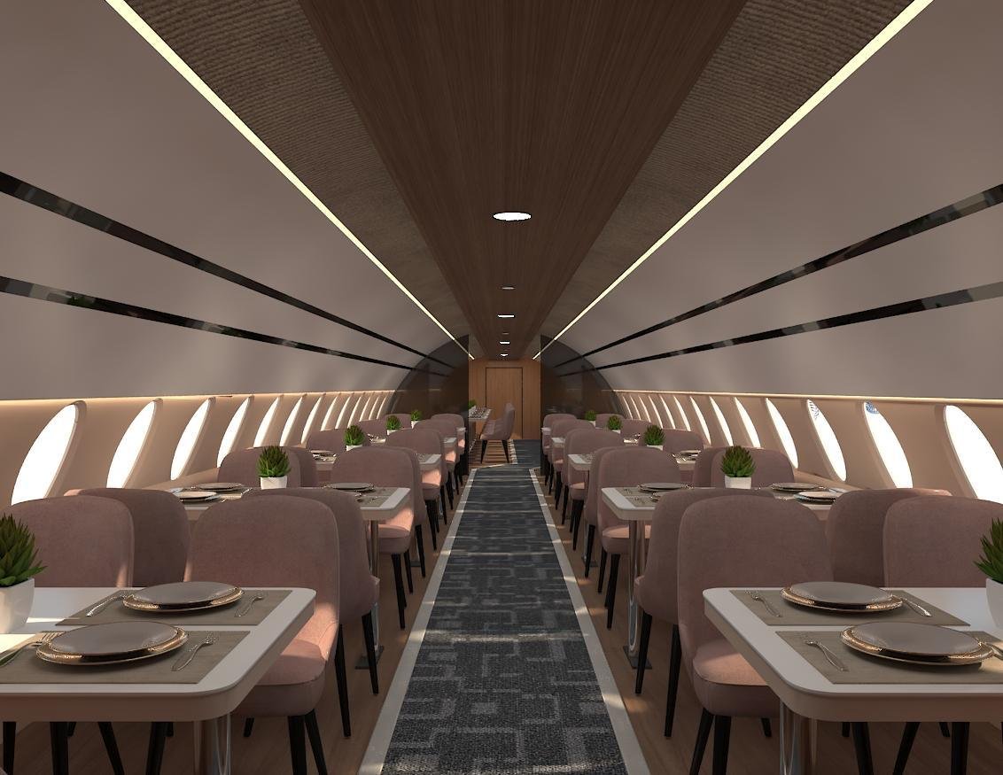 Converted A319 cabin laid out as a café with paired dining tables down both sides